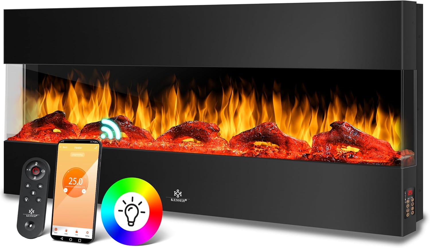 KESSER® Wandkamin Elektrokamin 3D Elektrischer 138cm Kamin mit Heizung 9 Farbmodi LED Flammeneffekt, 900/1800 W Kaminofen Wand und Einbaukamin Wandmontage Heizung App-Funktion Fernbedienung schwarz
