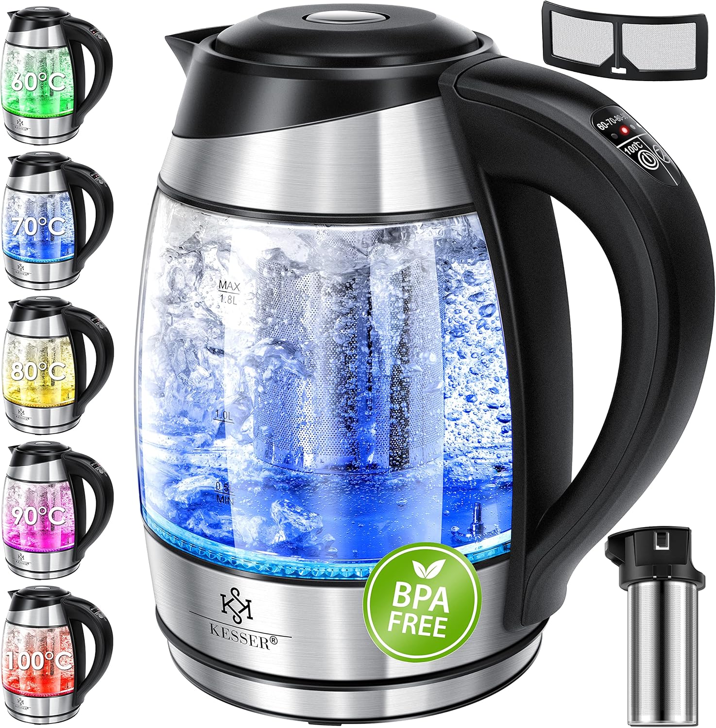 KESSER® Wasserkocher 1,8L Edelstahl mit LED Beleuchtung-Farbe je nach Temperaturwahl 60, 70, 80, 90, 100 °C | Glaswasserkocher, Platzsparend, Warmhaltefunktion inkl. Teesieb-Einsatz und Kalk-Filter