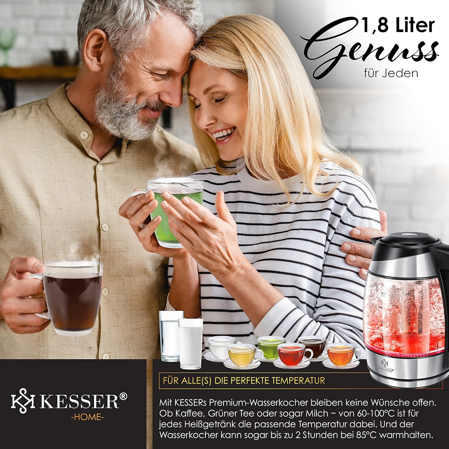 KESSER® Wasserkocher 1,8L Edelstahl mit LED Beleuchtung-Farbe je nach Temperaturwahl 60, 70, 80, 90, 100 °C | Glaswasserkocher, Platzsparend, Warmhaltefunktion inkl. Teesieb-Einsatz und Kalk-Filter — Ansicht 6