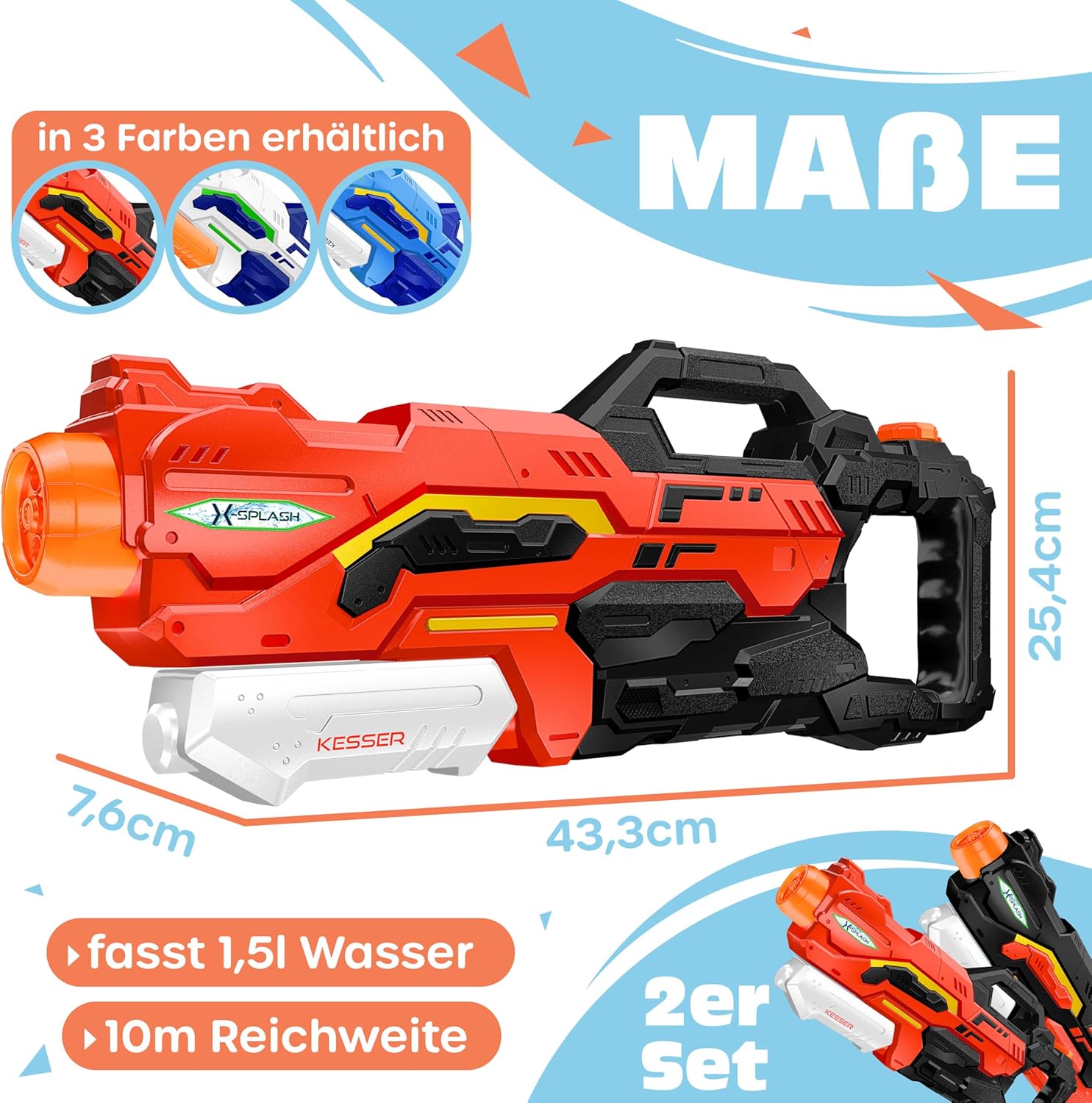 KESSER® Wasserpistole 2er Set Wasserpistolen Spritzpistolen Reichweite 10-11 Meter, Fassungsvermögen 1500ml Wasserspaß Strand Spielzeug im Freien für Kinder und Erwachsene Strandpool — Ansicht 2