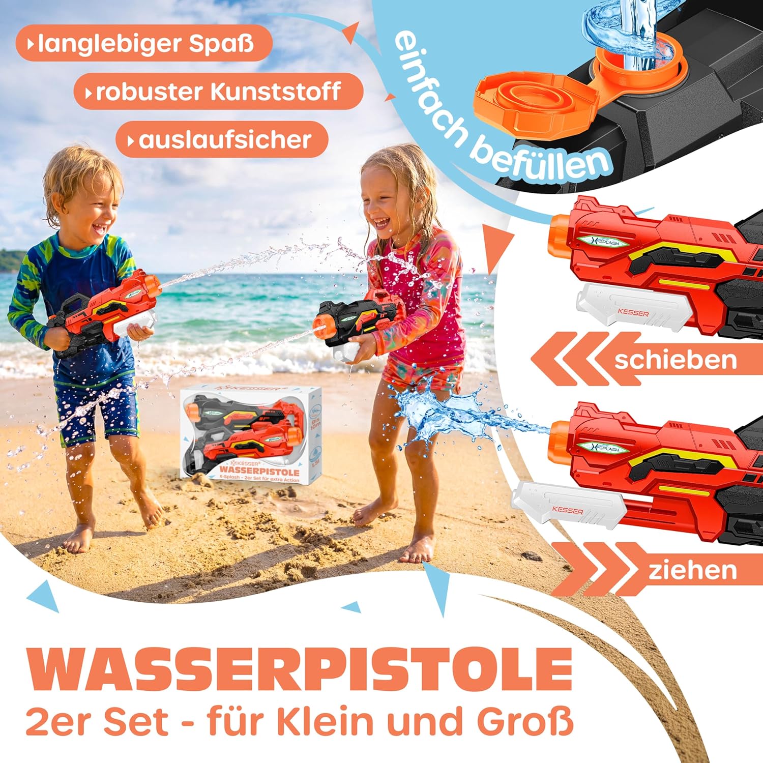 KESSER® Wasserpistole 2er Set Wasserpistolen Spritzpistolen Reichweite 10-11 Meter, Fassungsvermögen 1500ml Wasserspaß Strand Spielzeug im Freien für Kinder und Erwachsene Strandpool — Ansicht 3