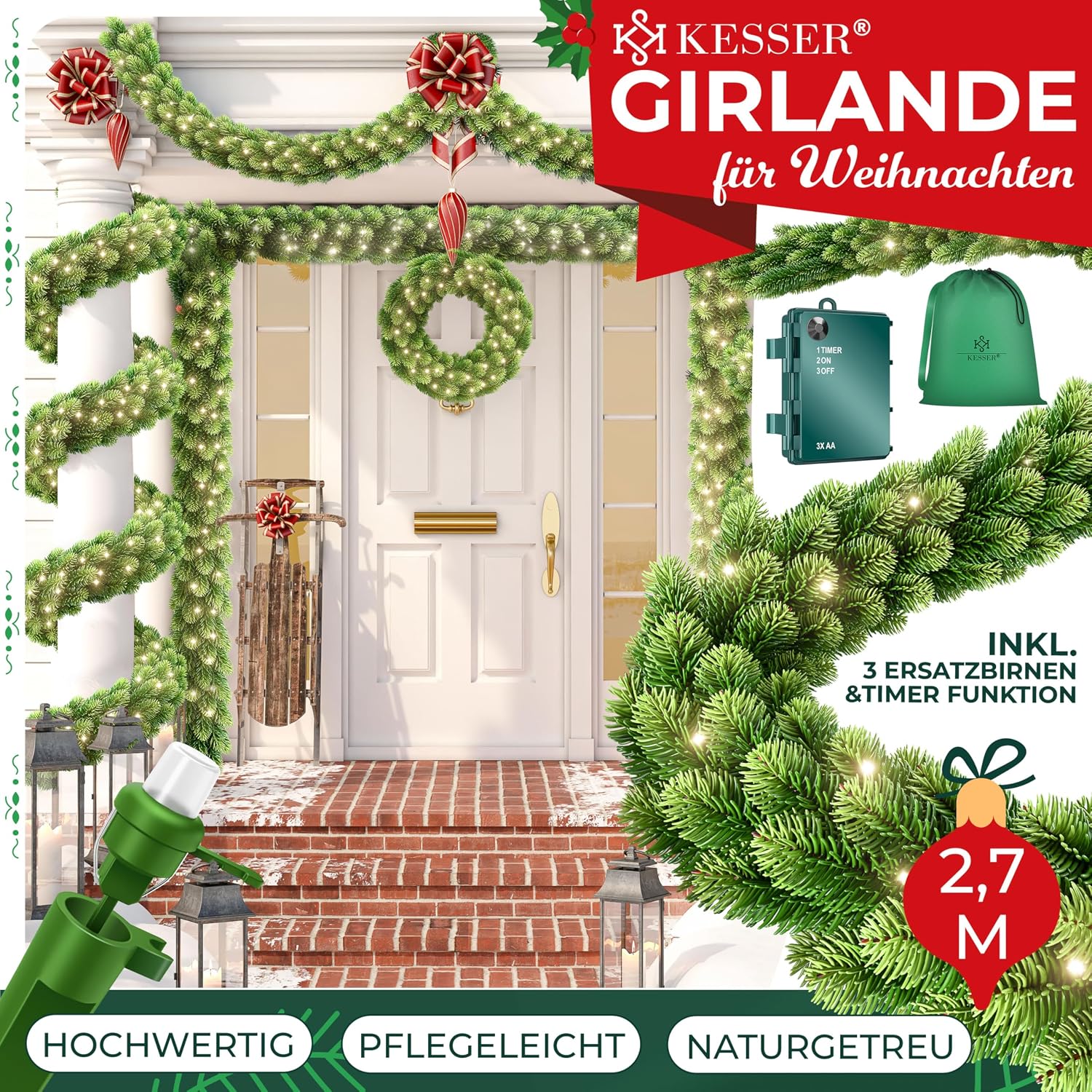 KESSER® Weihnachtsgirlande LED 2,7m lang | dicht + Timer – Naturgetreues Tannengrün - wie echt - IP 44 Outdoor & Indoor Girlande - Treppen, Tür, Balkon, Weihnachtsdeko beleuchtet + Tasche - Dunkelgrün — Ansicht 2