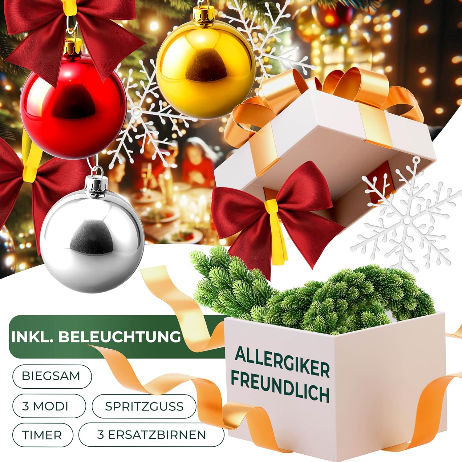 KESSER® Weihnachtsgirlande LED 2,7m lang | dicht + Timer – Naturgetreues Tannengrün - wie echt - IP 44 Outdoor & Indoor Girlande - Treppen, Tür, Balkon, Weihnachtsdeko beleuchtet + Tasche - Dunkelgrün — Ansicht 3