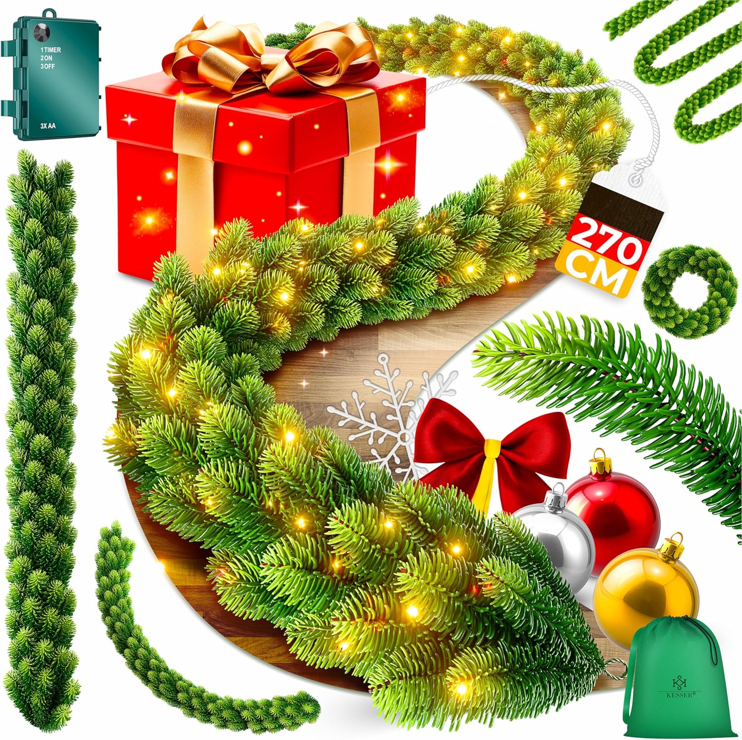 KESSER® Weihnachtsgirlande LED 2,7m lang | dicht + Timer – Naturgetreues Tannengrün - wie echt - IP 44 Outdoor & Indoor Girlande - Treppen, Tür, Balkon, Weihnachtsdeko beleuchtet + Tasche - Dunkelgrün