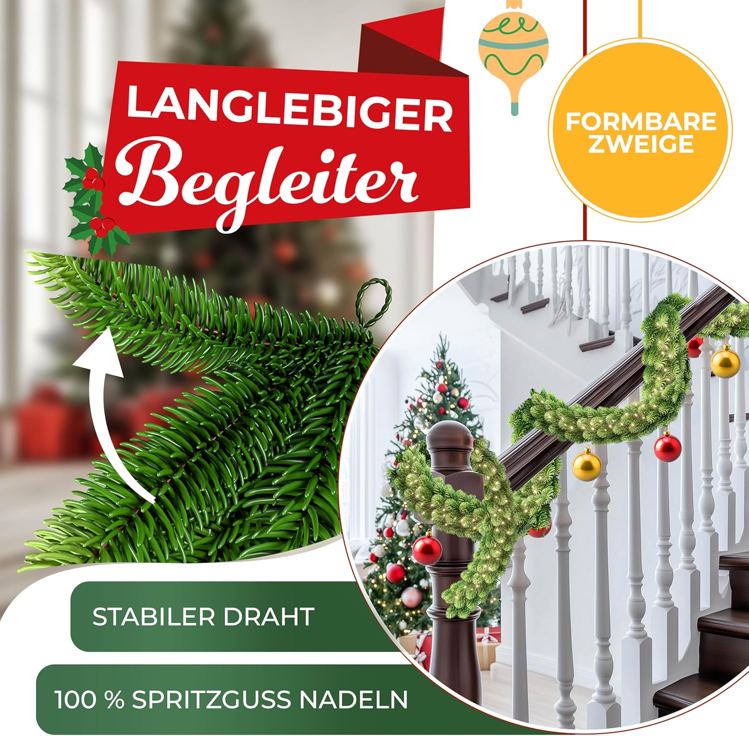 KESSER® Weihnachtsgirlande LED 2,7m lang | dicht + Timer – Naturgetreues Tannengrün - wie echt - IP 44 Outdoor & Indoor Girlande - Treppen, Tür, Balkon, Weihnachtsdeko beleuchtet + Tasche - Dunkelgrün — Ansicht 4