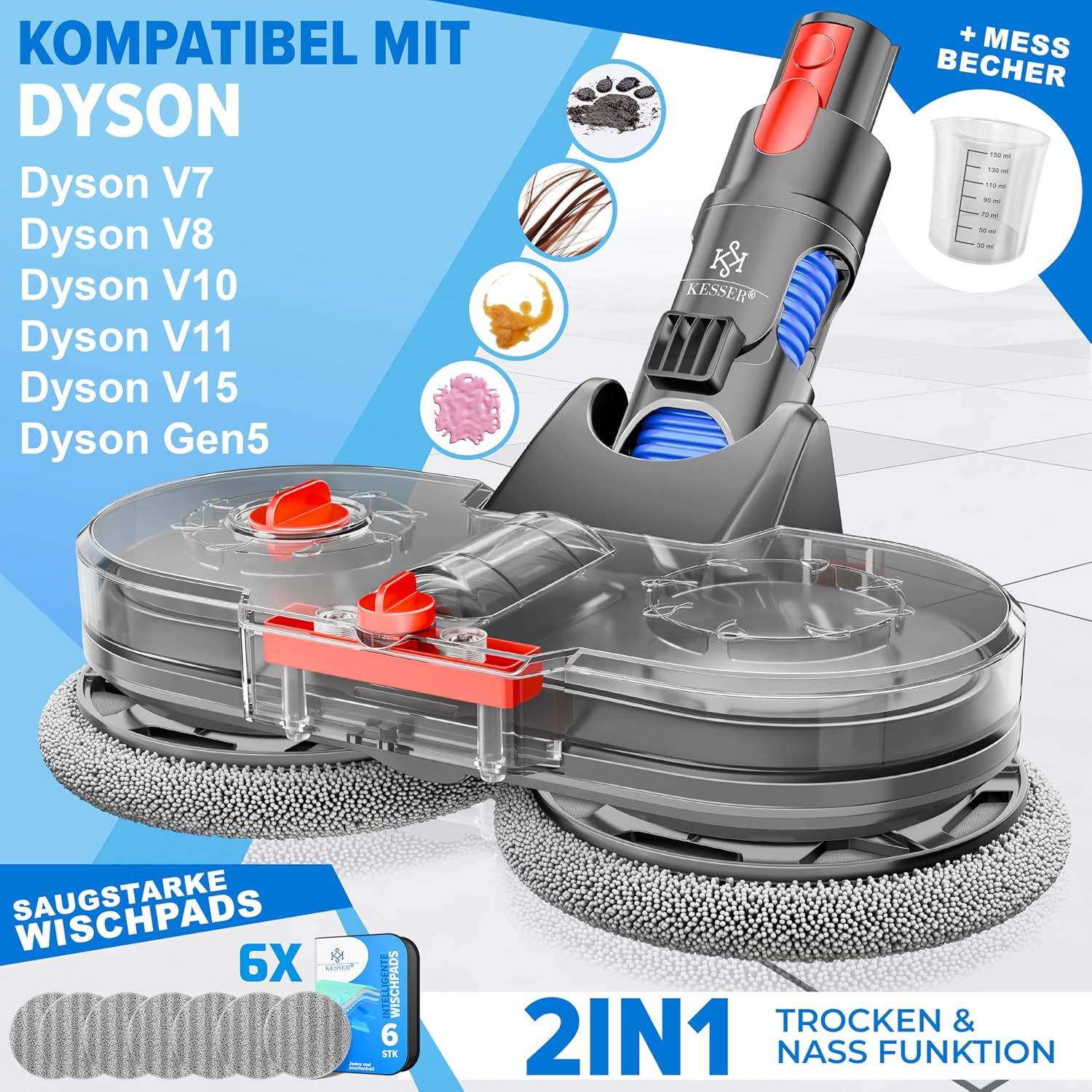 KESSER® Wischaufsatz kompatibel mit V7/V8/V10/V11/V15 Staubsauger Zubehör Aufsätze | Wischmopp Aufsatz inkl. Füllbehälter, Wassertank & 6 waschbaren Mops| Bodenwischaufsatz für Glatte Böden — Ansicht 2