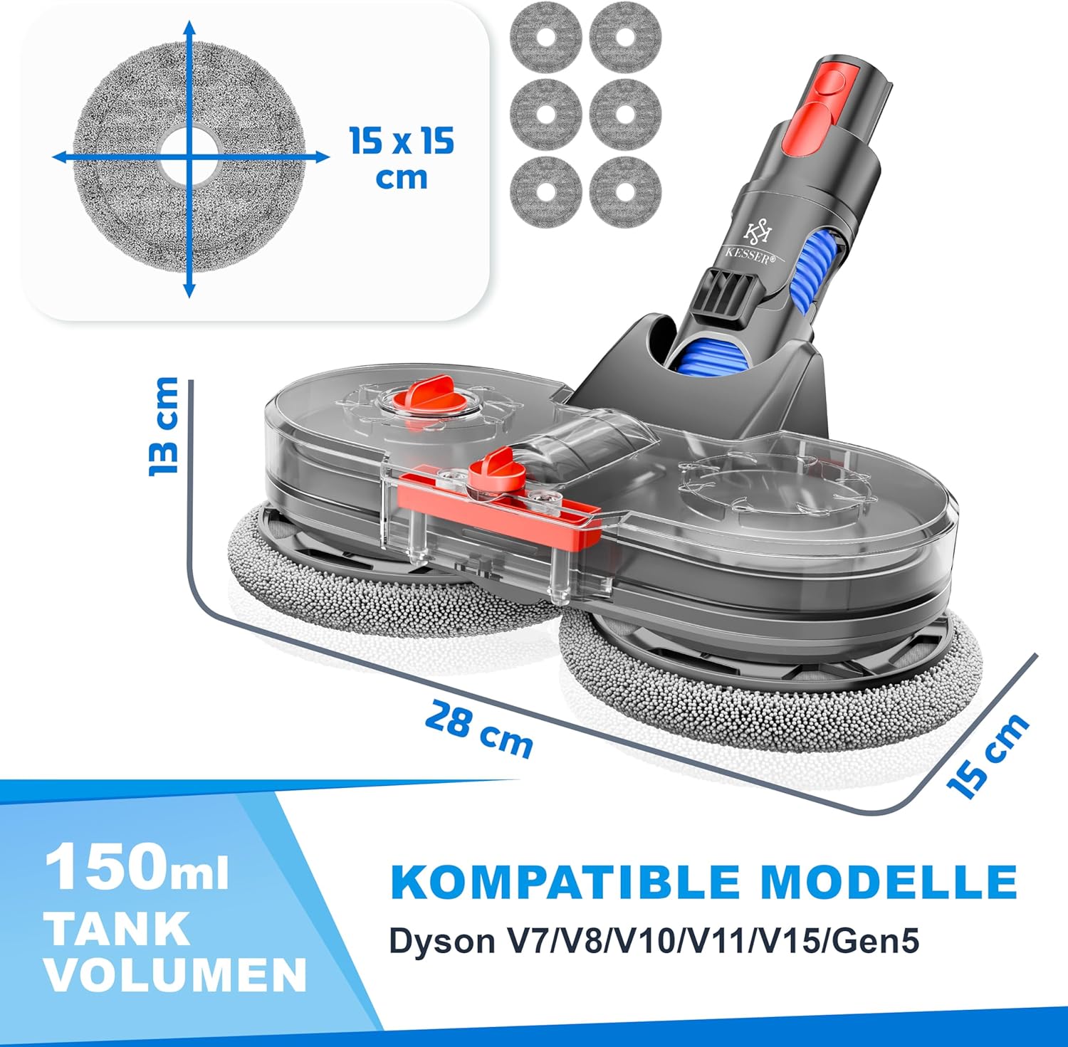 KESSER® Wischaufsatz kompatibel mit V7/V8/V10/V11/V15 Staubsauger Zubehör Aufsätze | Wischmopp Aufsatz inkl. Füllbehälter, Wassertank & 6 waschbaren Mops| Bodenwischaufsatz für Glatte Böden — Ansicht 3