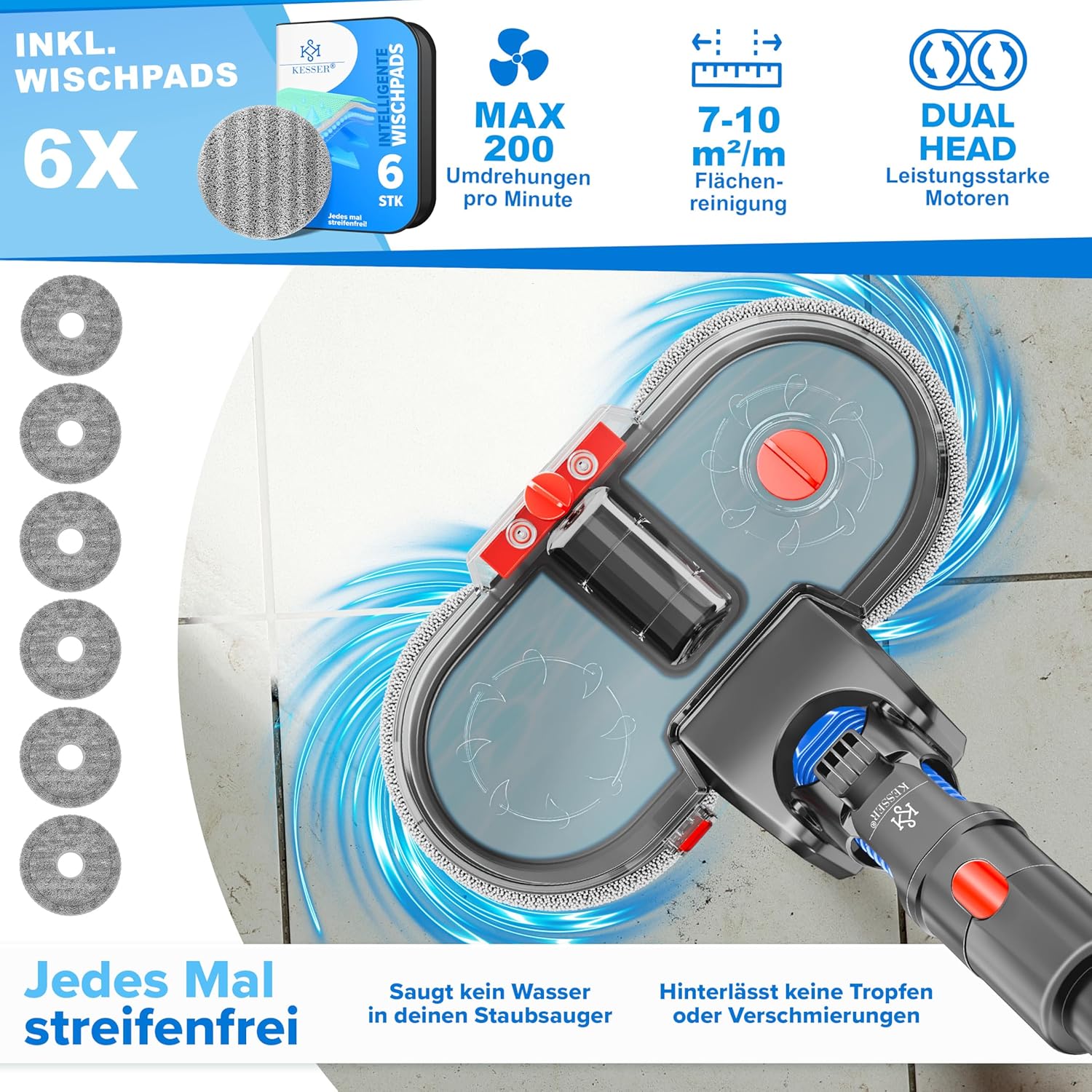 KESSER® Wischaufsatz kompatibel mit V7/V8/V10/V11/V15 Staubsauger Zubehör Aufsätze | Wischmopp Aufsatz inkl. Füllbehälter, Wassertank & 6 waschbaren Mops| Bodenwischaufsatz für Glatte Böden — Ansicht 5
