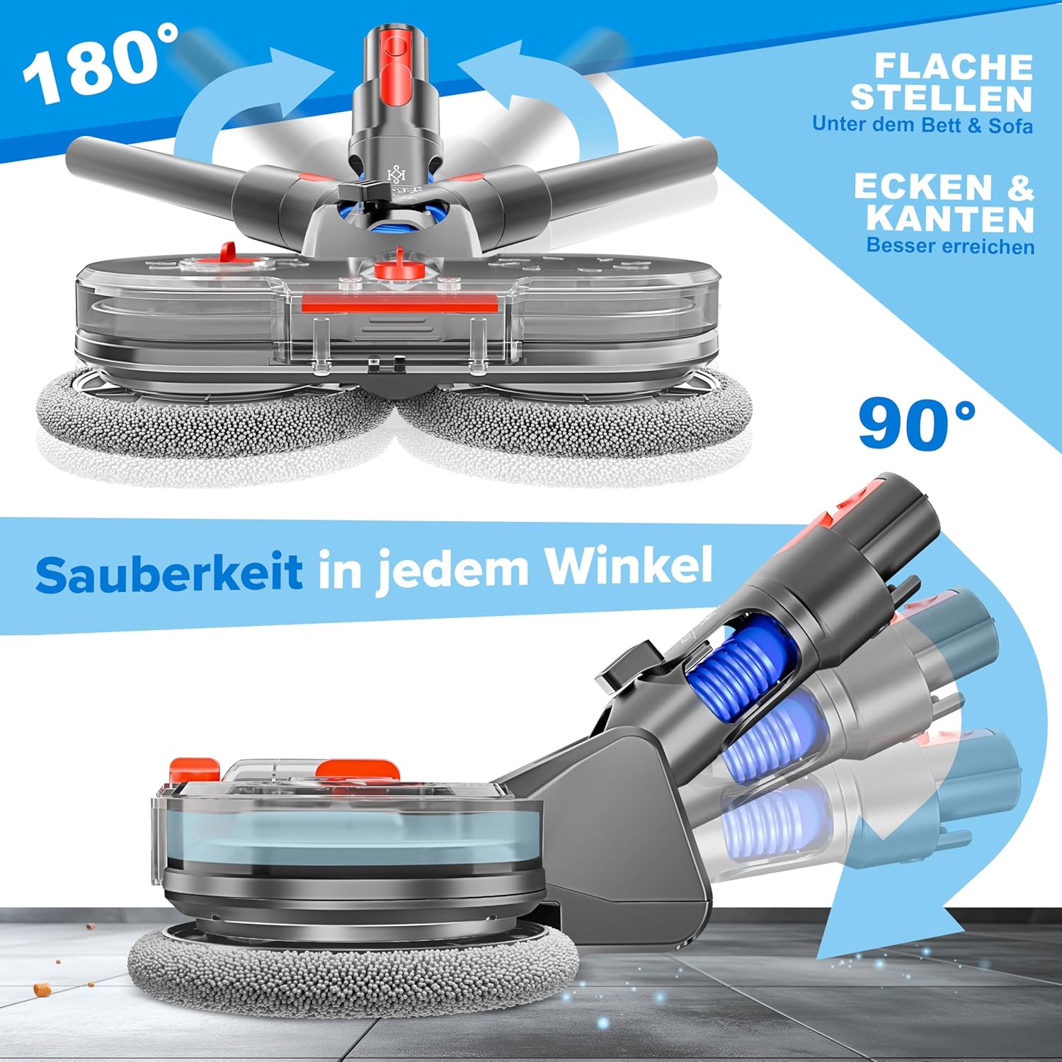 KESSER® Wischaufsatz kompatibel mit V7/V8/V10/V11/V15 Staubsauger Zubehör Aufsätze | Wischmopp Aufsatz inkl. Füllbehälter, Wassertank & 6 waschbaren Mops| Bodenwischaufsatz für Glatte Böden — Ansicht 6