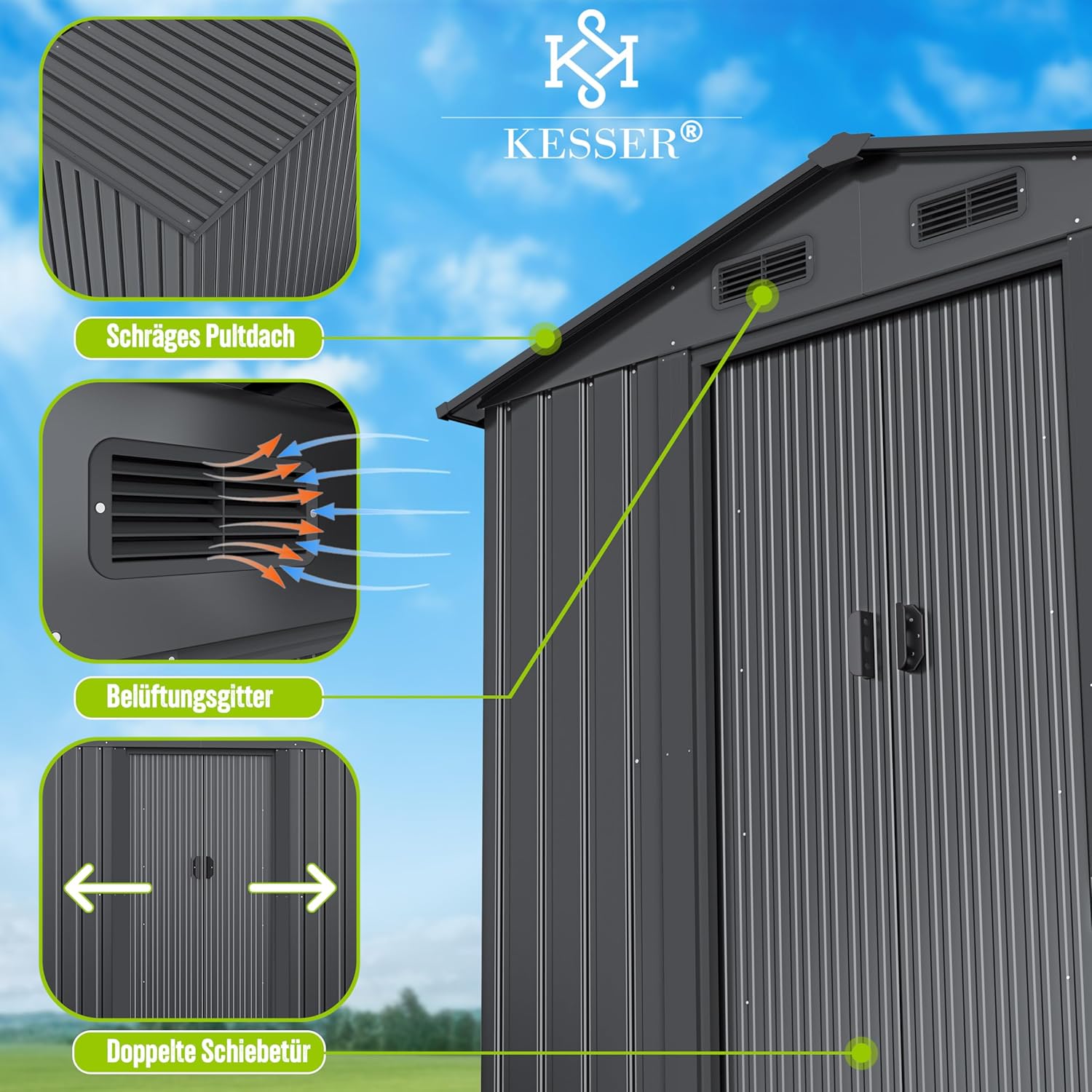KESSER® XL Metall Gerätehaus 4,2m3 mit Fundament | Inkl. Arbeitshandschuhe | 195x131x186cm | 2X Schiebetür & Fundament | Geräteschuppen | Gartenhaus Schrank | Satteldachdach Garten Schuppen Anthrazit — Ansicht 2