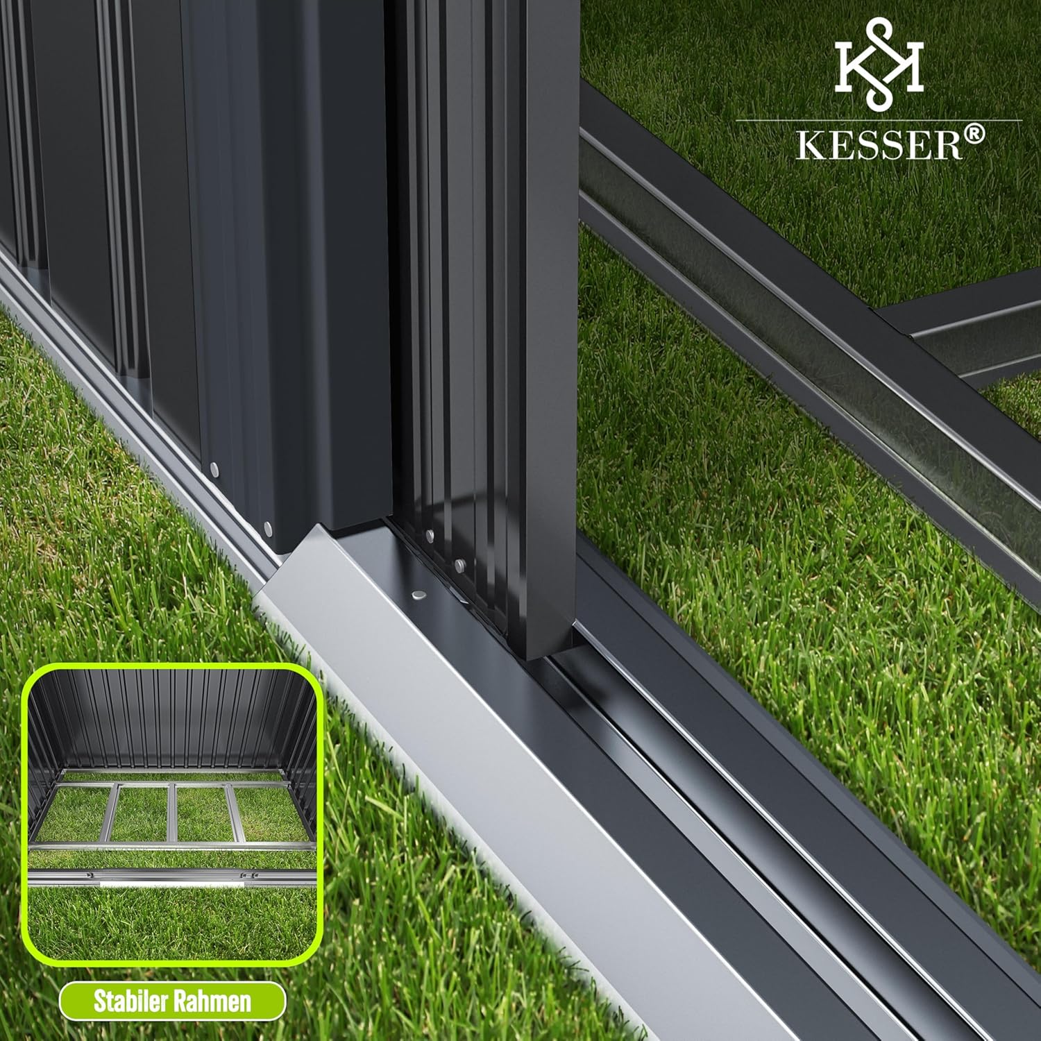 KESSER® XL Metall Gerätehaus 4,2m3 mit Fundament | Inkl. Arbeitshandschuhe | 195x131x186cm | 2X Schiebetür & Fundament | Geräteschuppen | Gartenhaus Schrank | Satteldachdach Garten Schuppen Anthrazit — Ansicht 3