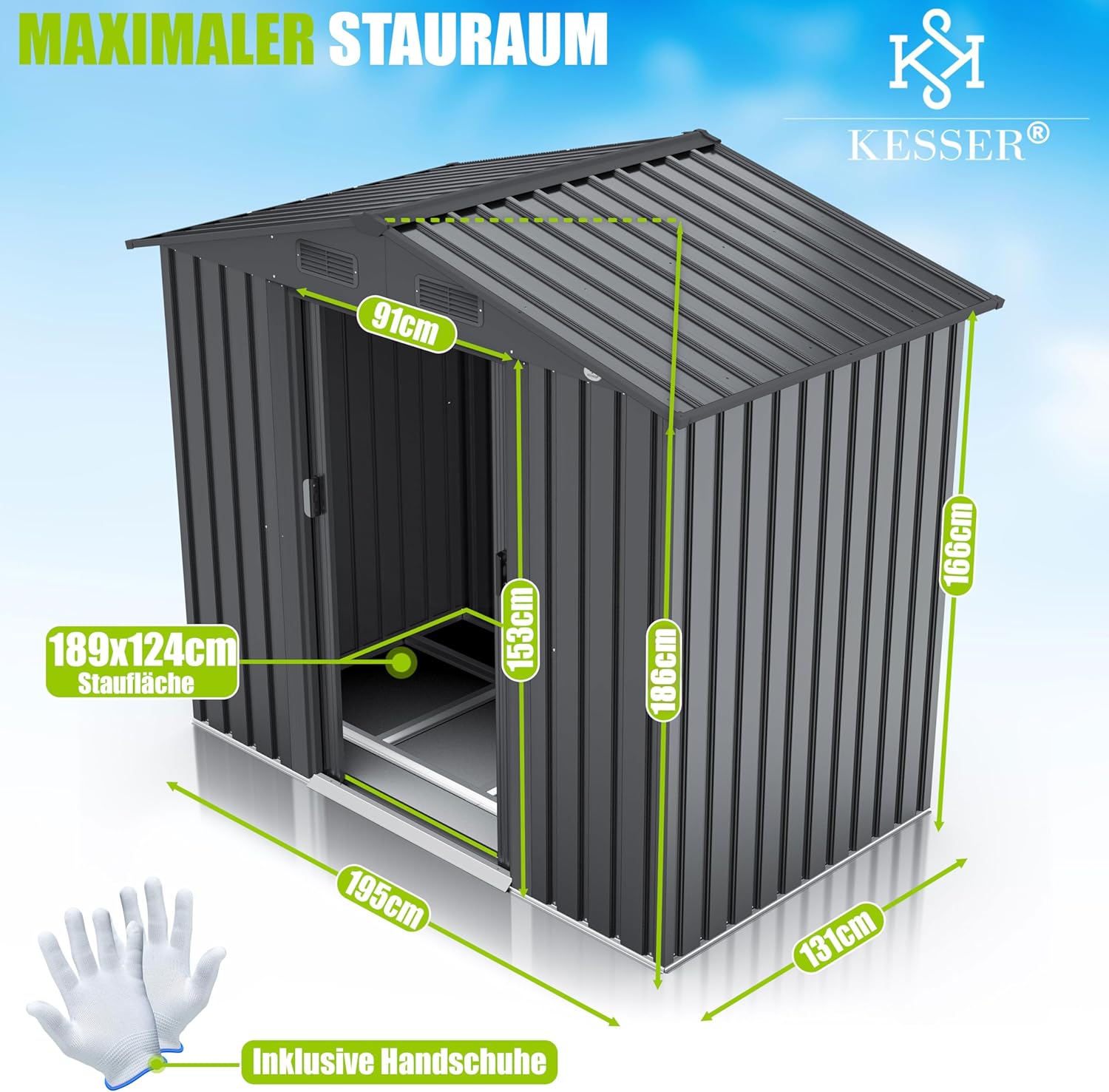 KESSER® XL Metall Gerätehaus 4,2m3 mit Fundament | Inkl. Arbeitshandschuhe | 195x131x186cm | 2X Schiebetür & Fundament | Geräteschuppen | Gartenhaus Schrank | Satteldachdach Garten Schuppen Anthrazit — Ansicht 4