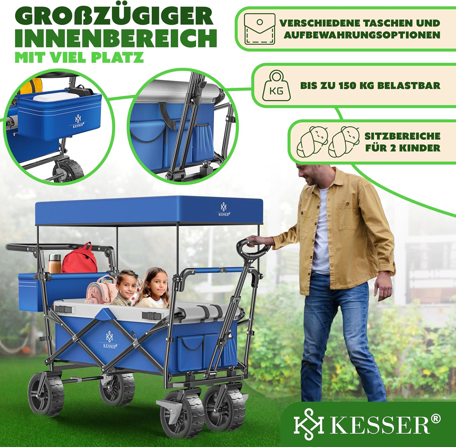 KESSER® XXL Bollerwagen faltbar mit Dach GT9000, klappbarer Handwagen bis 150 kg für Kinder, Strand, Camping & Garten, großer Transportwagen mit Hartgummi Rädern, Bremsen vorne & hinten + Tragetasche — Ansicht 2