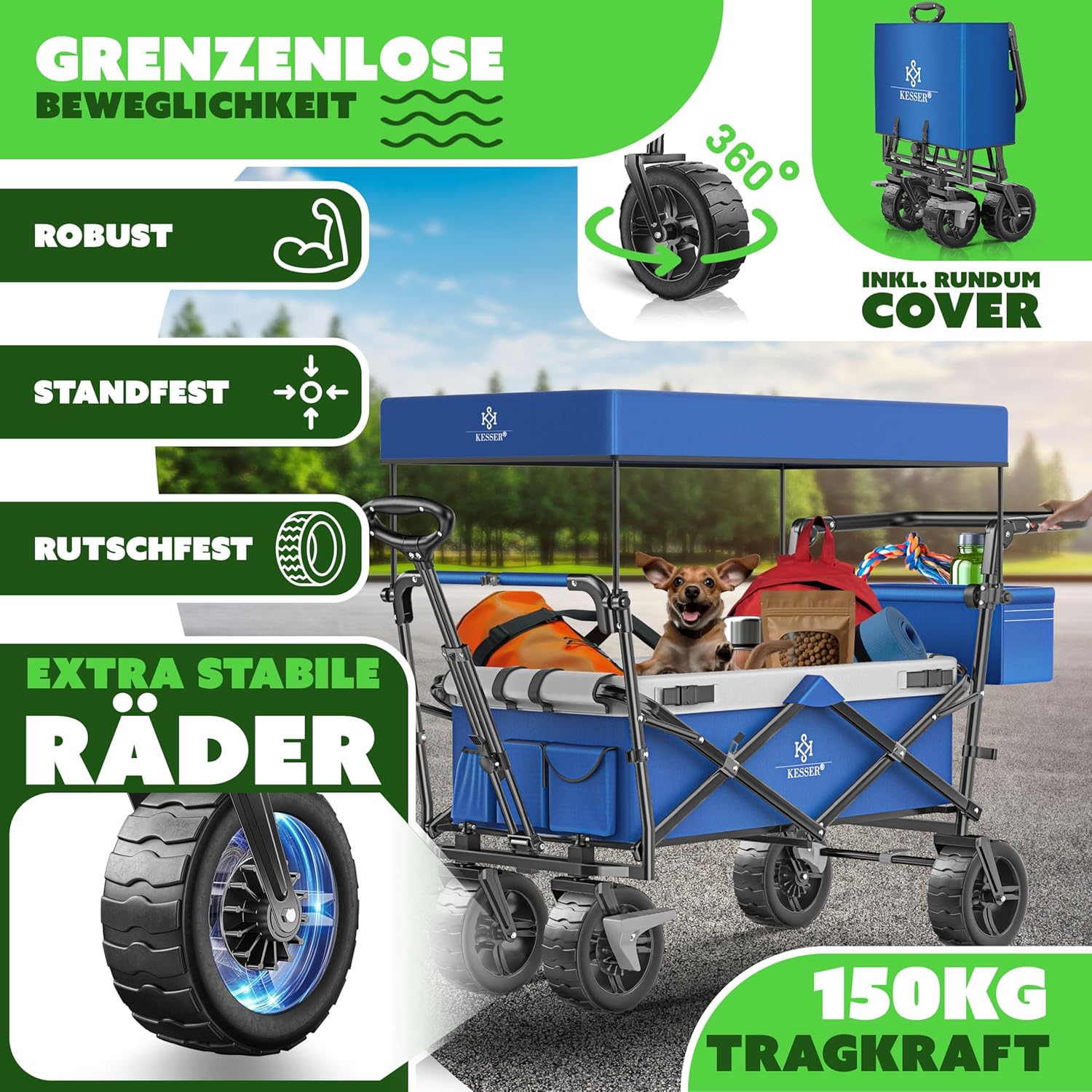 KESSER® XXL Bollerwagen faltbar mit Dach GT9000, klappbarer Handwagen bis 150 kg für Kinder, Strand, Camping & Garten, großer Transportwagen mit Hartgummi Rädern, Bremsen vorne & hinten + Tragetasche — Ansicht 3