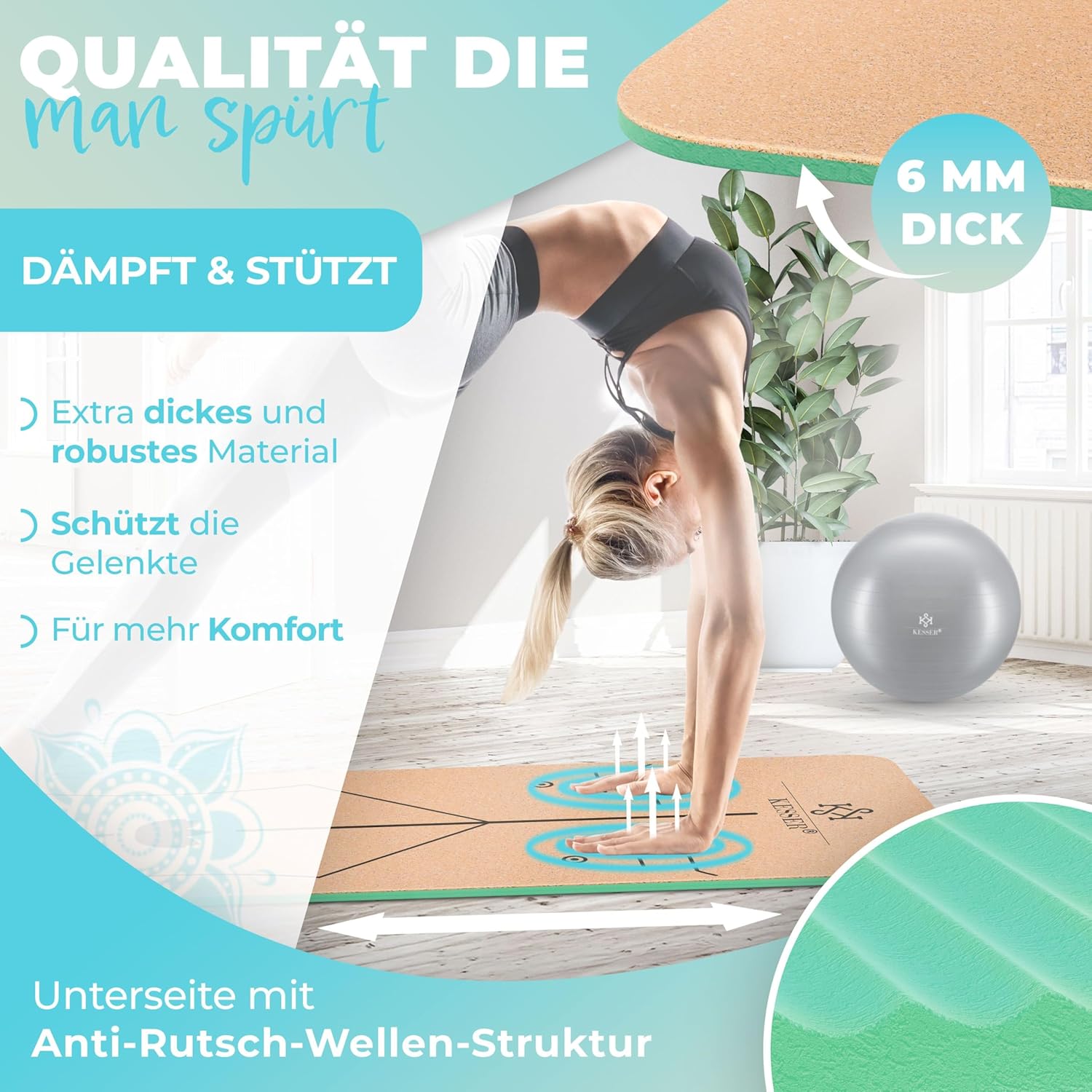 KESSER® Yogamatte Kork Inkl. Tragegurt Tasche & Block Gymnastikmatte - Matte rutschfest aus Naturkautschuk TPE Fitnessmatte, 183 x 62 Trainingsmatte für Fitness Sportmatte, Gymnastik extradick — Ansicht 3