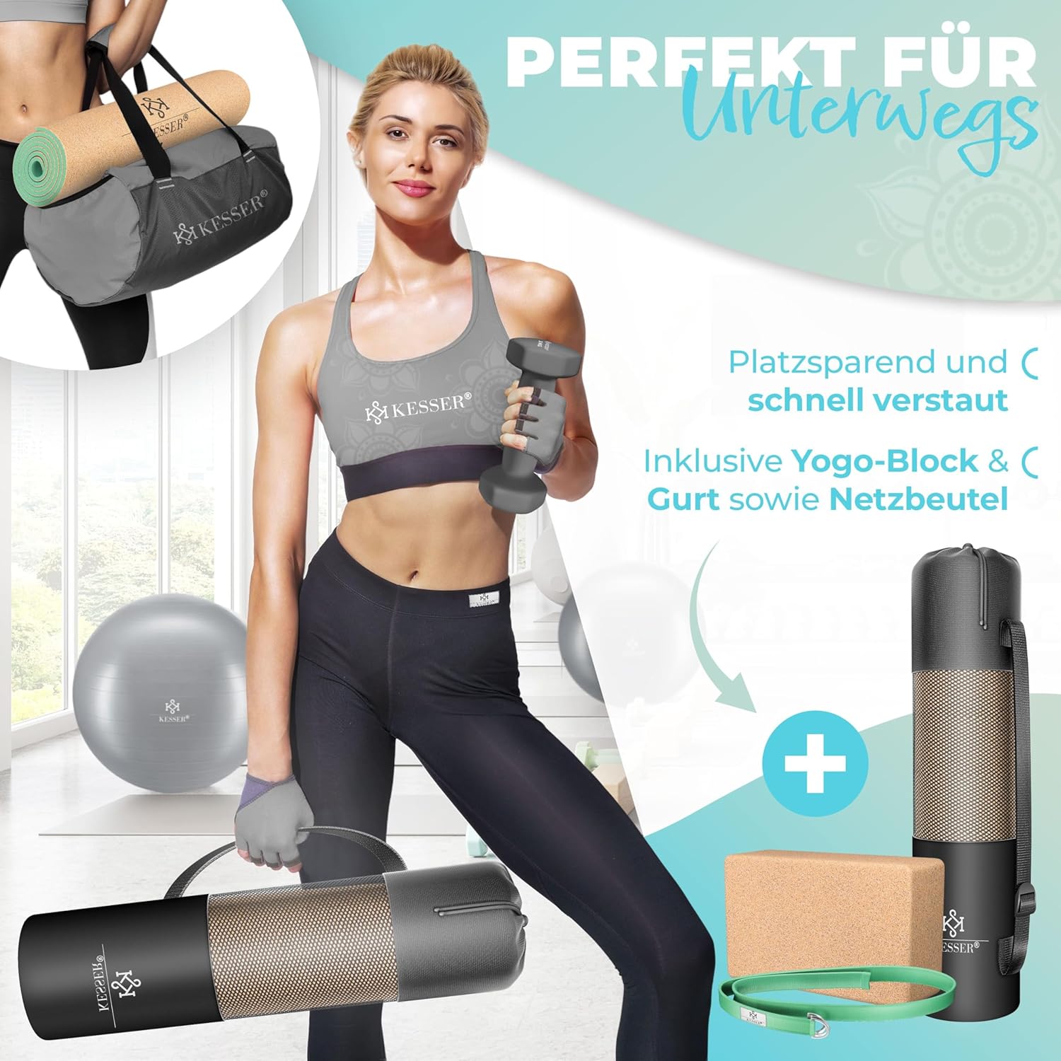 KESSER® Yogamatte Kork Inkl. Tragegurt Tasche & Block Gymnastikmatte - Matte rutschfest aus Naturkautschuk TPE Fitnessmatte, 183 x 62 Trainingsmatte für Fitness Sportmatte, Gymnastik extradick — Ansicht 4
