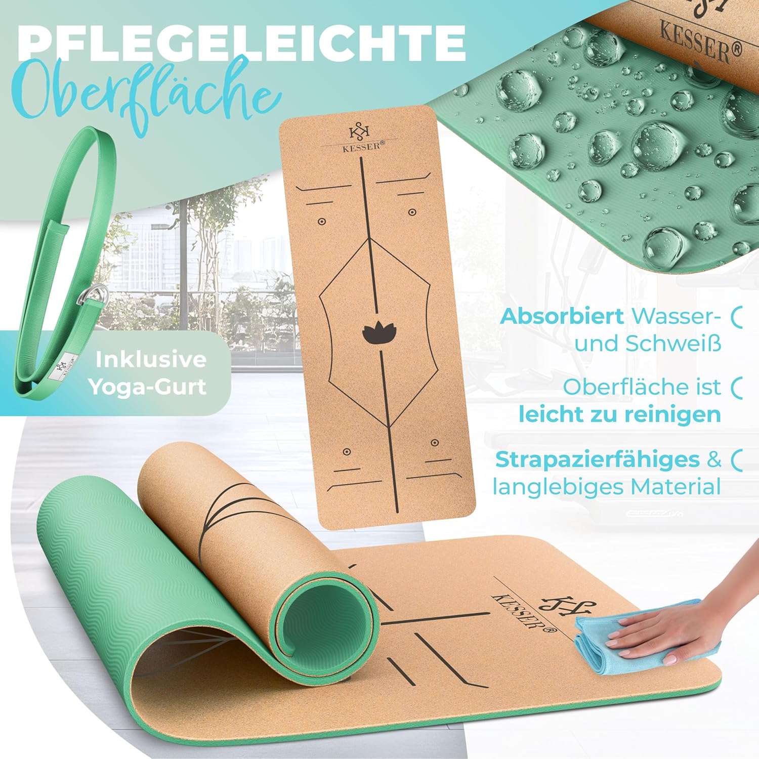 KESSER® Yogamatte Kork Inkl. Tragegurt Tasche & Block Gymnastikmatte - Matte rutschfest aus Naturkautschuk TPE Fitnessmatte, 183 x 62 Trainingsmatte für Fitness Sportmatte, Gymnastik extradick — Ansicht 5