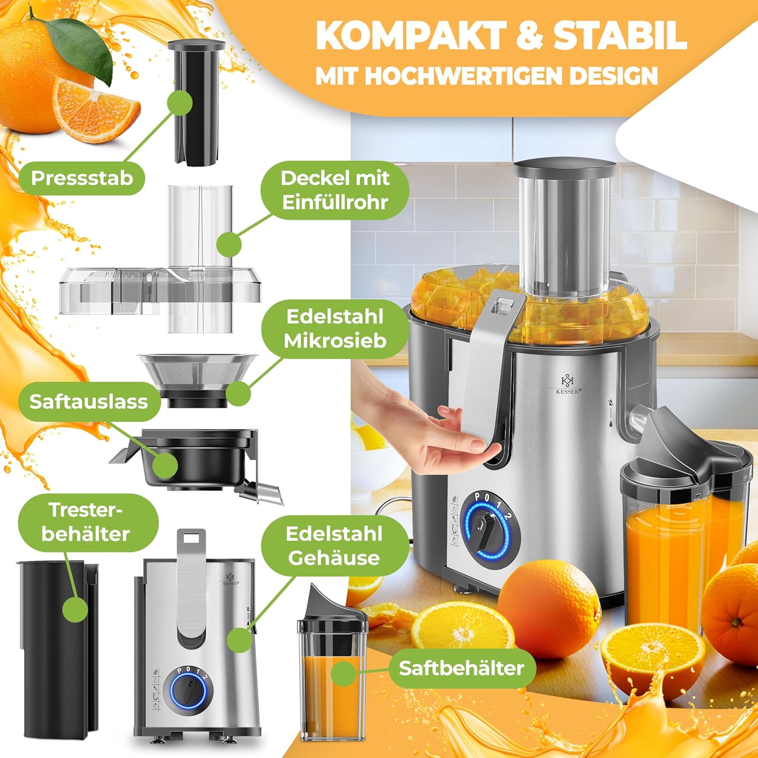 KESSER® Zentrifuge Entsafter für Obst | Gemüse aus Edelstahl 1100W, große Fütterungsröhre, 3 Stufen, Elektrische Zentrifugal Saftpresse Juicer + Bürste, Saftbehälter, Rezeptbuch, Grau/Silber — Ansicht 2