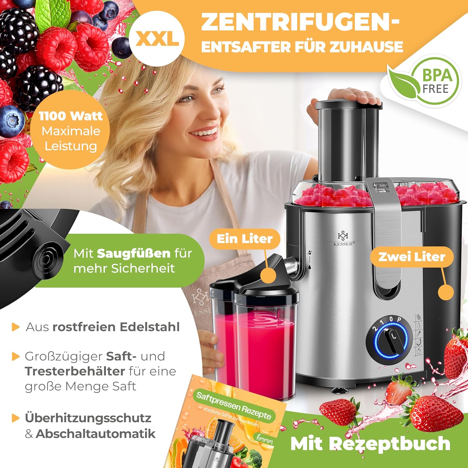 KESSER® Zentrifuge Entsafter für Obst | Gemüse aus Edelstahl 1100W, große Fütterungsröhre, 3 Stufen, Elektrische Zentrifugal Saftpresse Juicer + Bürste, Saftbehälter, Rezeptbuch, Grau/Silber — Ansicht 3