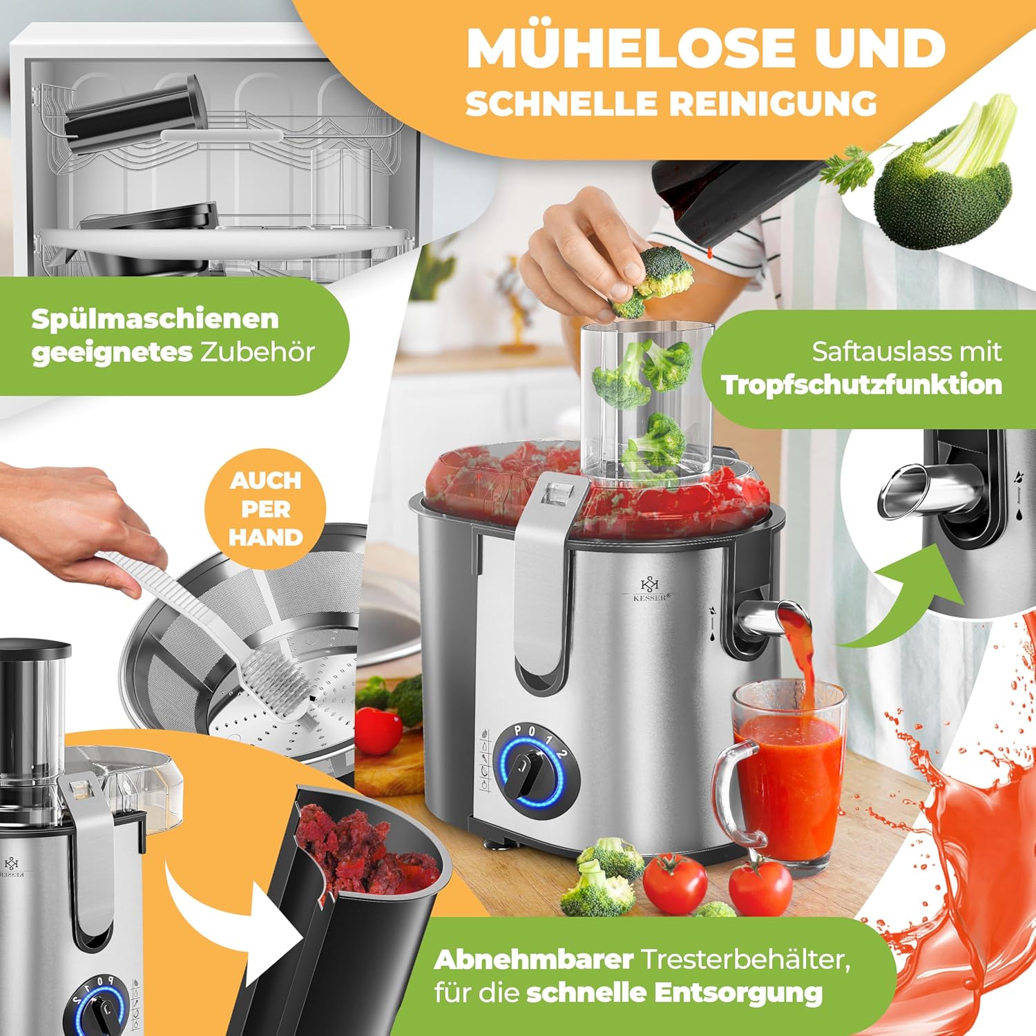 KESSER® Zentrifuge Entsafter für Obst | Gemüse aus Edelstahl 1100W, große Fütterungsröhre, 3 Stufen, Elektrische Zentrifugal Saftpresse Juicer + Bürste, Saftbehälter, Rezeptbuch, Grau/Silber — Ansicht 6