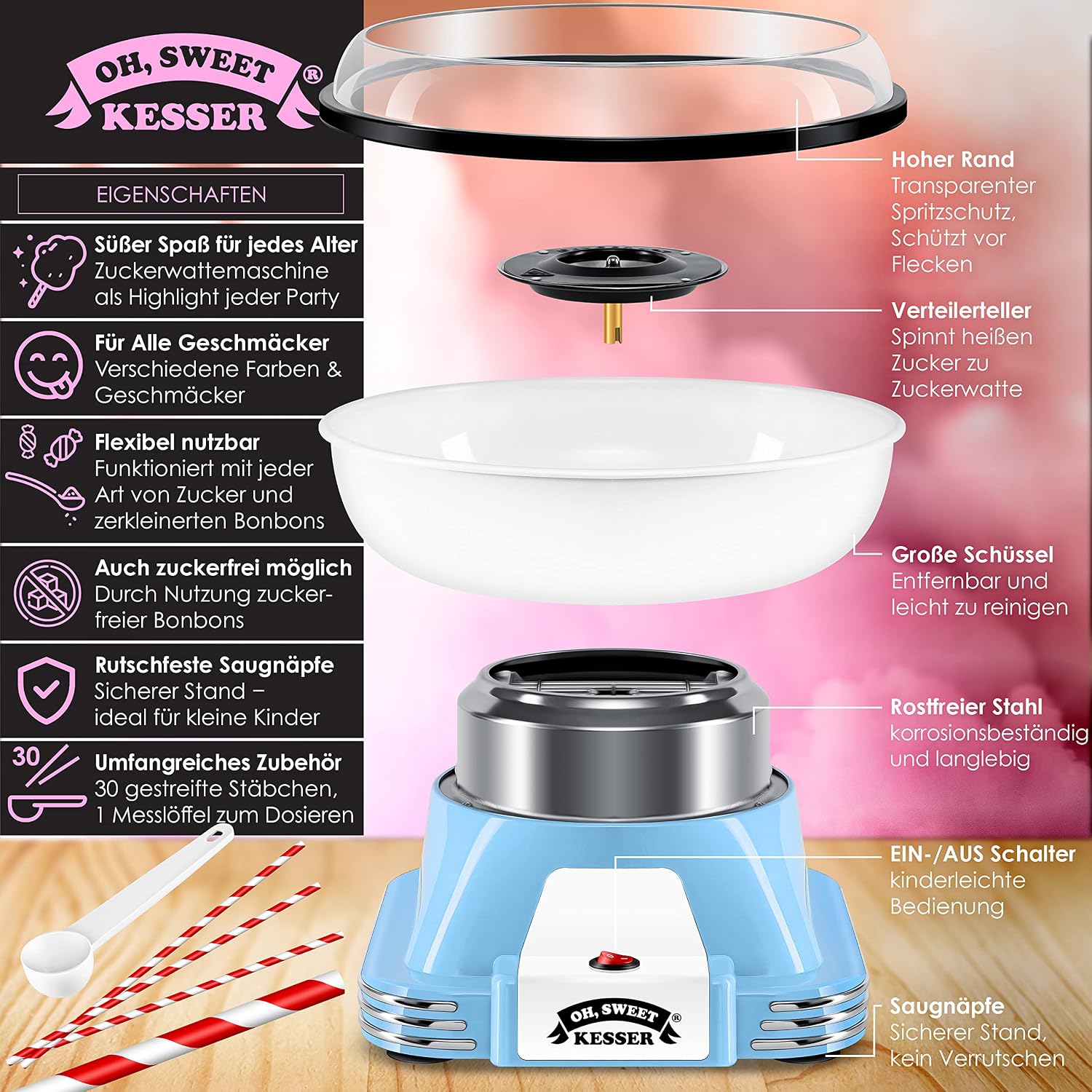 KESSER® Zuckerwattemaschine Set für Dein zuhause - Mit 30x Zuckerwatte Stäbchen & Messlöffel - Retro Cotton Candy Machine - Zuckerwatte Maschine Mit Zubehör - Höhe 22 cm - 500 W Blau Weiß — Ansicht 2