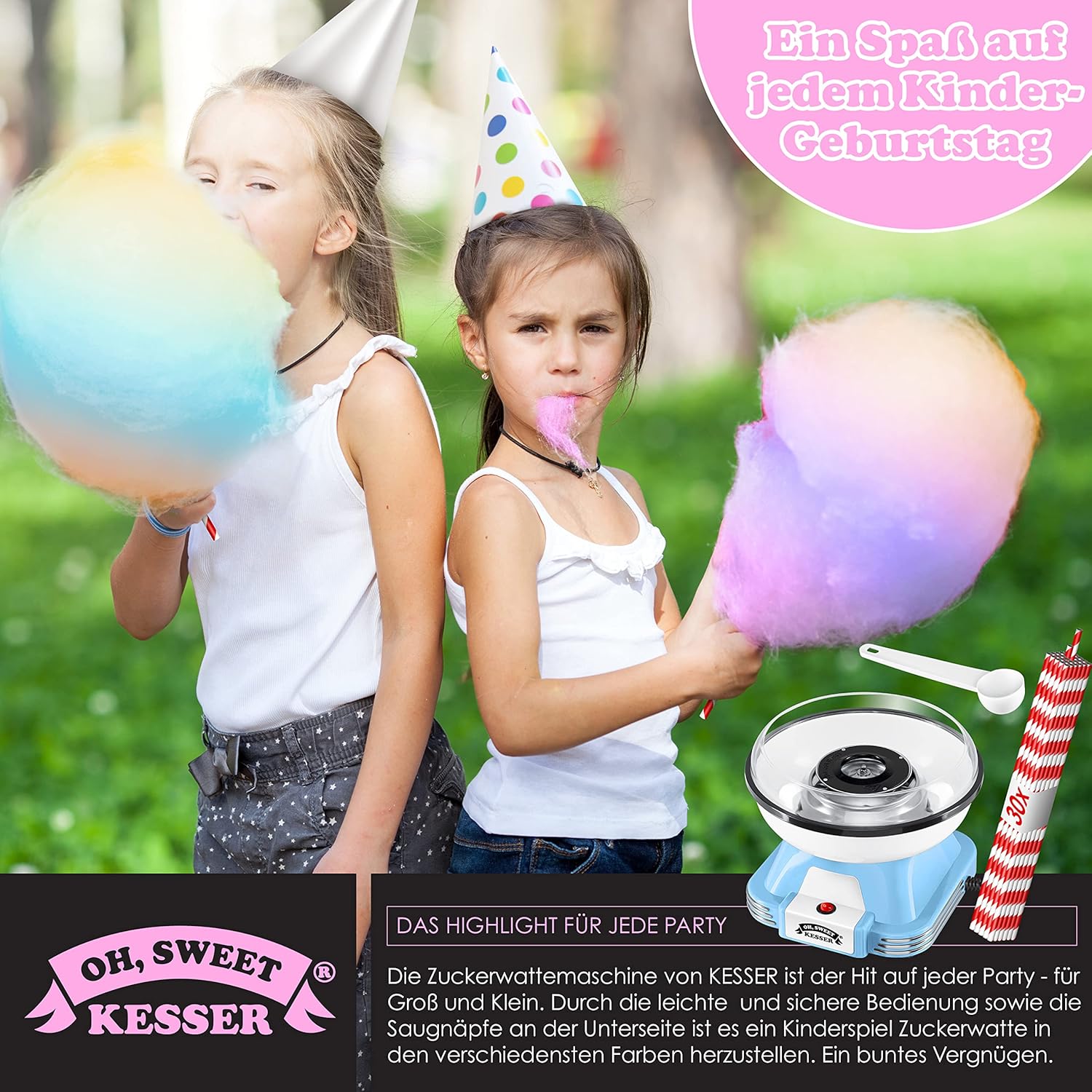 KESSER® Zuckerwattemaschine Set für Dein zuhause - Mit 30x Zuckerwatte Stäbchen & Messlöffel - Retro Cotton Candy Machine - Zuckerwatte Maschine Mit Zubehör - Höhe 22 cm - 500 W Blau Weiß — Ansicht 4