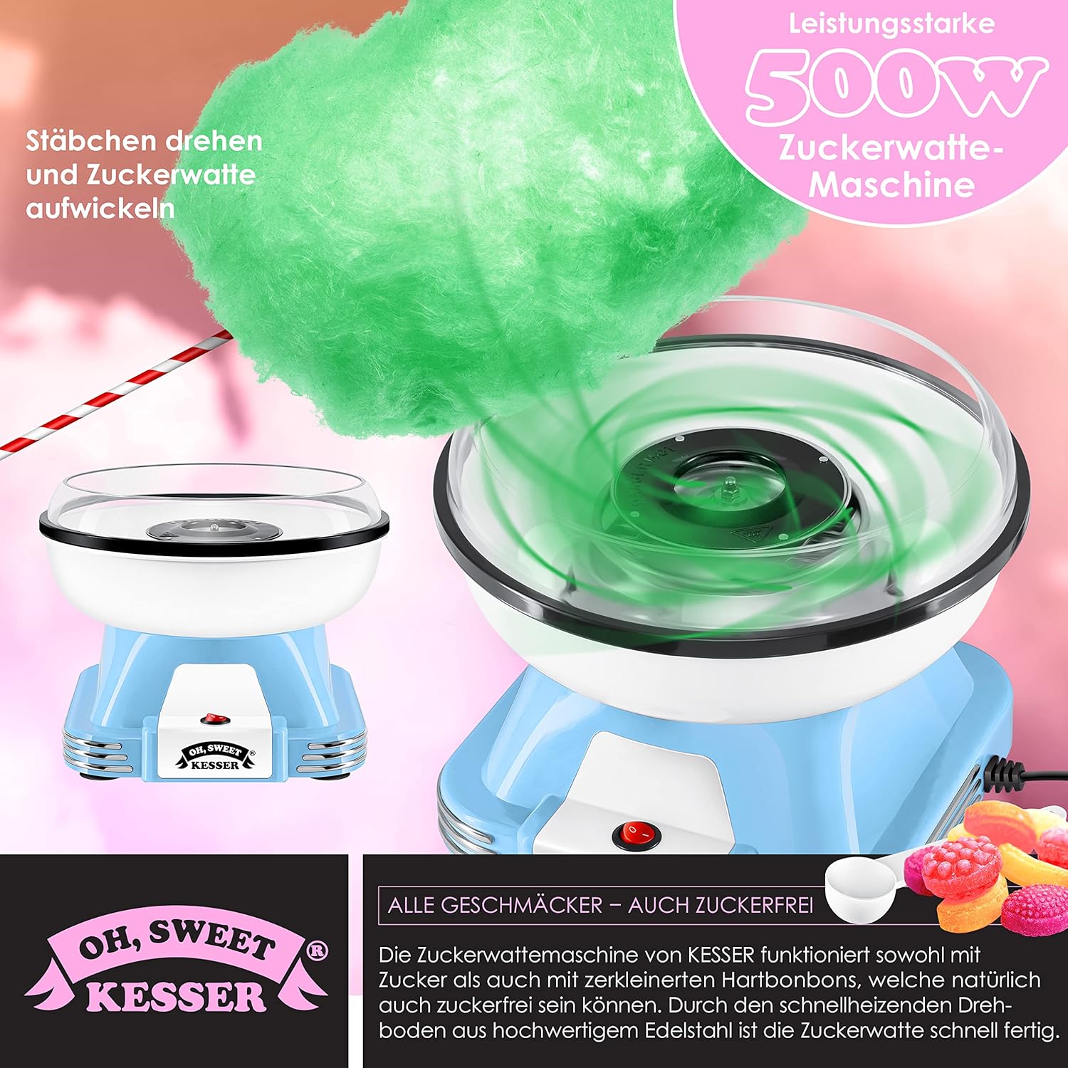 KESSER® Zuckerwattemaschine Set für Dein zuhause - Mit 30x Zuckerwatte Stäbchen & Messlöffel - Retro Cotton Candy Machine - Zuckerwatte Maschine Mit Zubehör - Höhe 22 cm - 500 W Blau Weiß — Ansicht 5