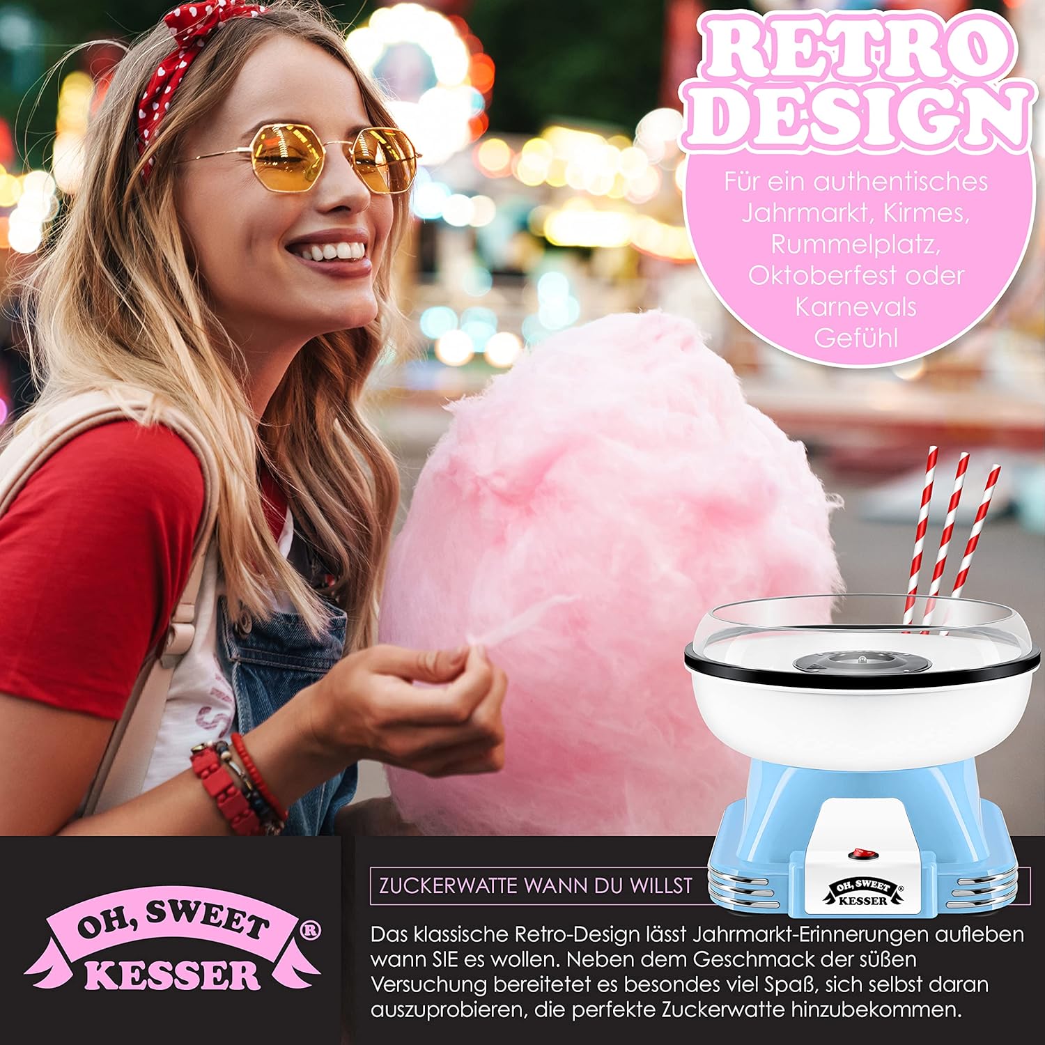 KESSER® Zuckerwattemaschine Set für Dein zuhause - Mit 30x Zuckerwatte Stäbchen & Messlöffel - Retro Cotton Candy Machine - Zuckerwatte Maschine Mit Zubehör - Höhe 22 cm - 500 W Blau Weiß — Ansicht 6